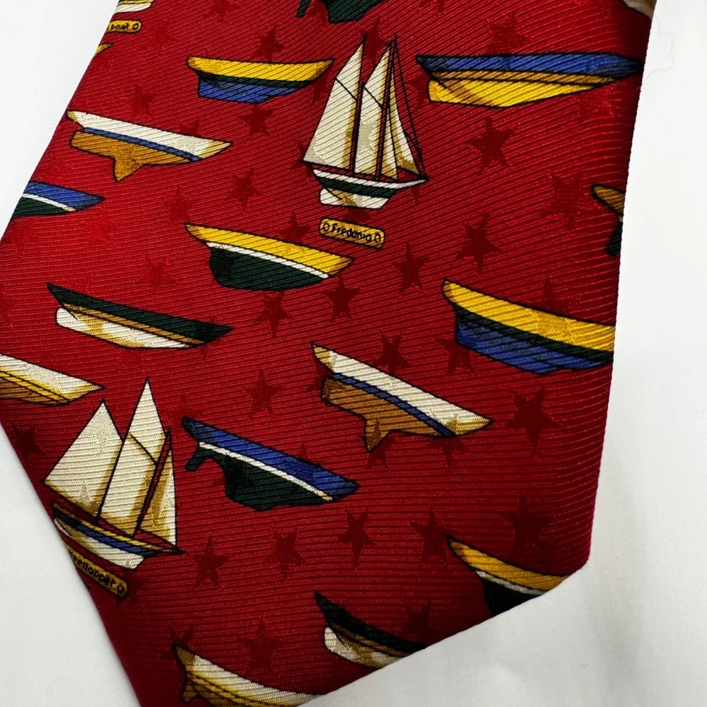 Lands End Mens Red Sailboat Nautical Silk Tie Vintage USA Luxury Designer